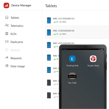 MDM for Trucking software showing list of all tablets with ability to remotely access them. Overlaid with a tablet showing allowed and disabled applications for drivers.